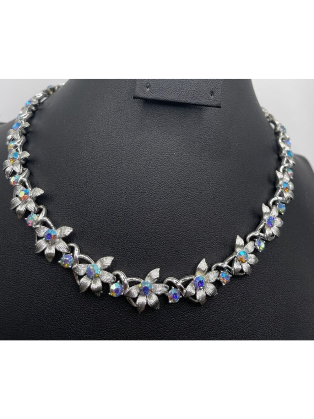 Vtg Coro Silver Tone Floral Necklace W/ Blue Aurora Borealis Rhinestones Adjusta